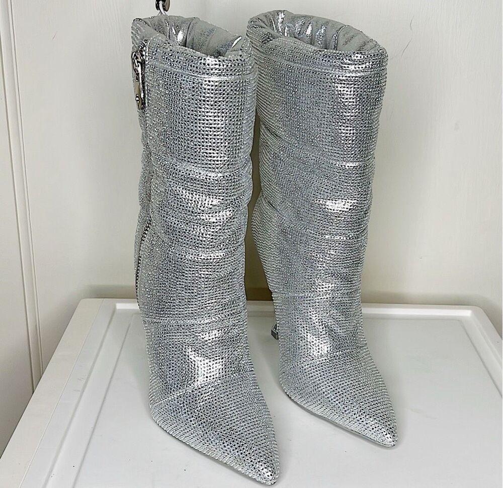 Azalea Wang Gretchen Glitter Rhinestone Heeled Boots Silver New Size 7.5